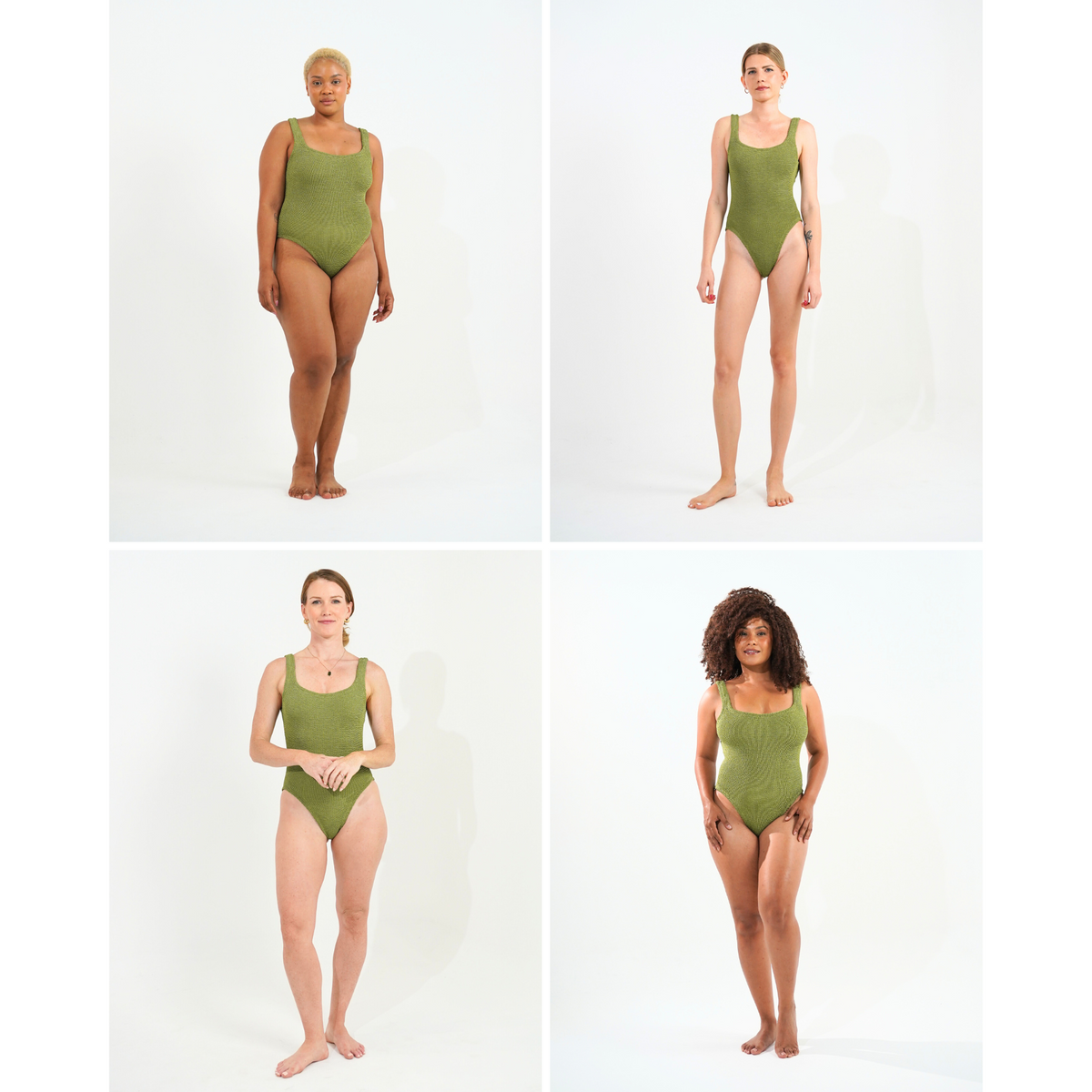 Four models of different body types wearing the one size crinkle swimsuit in golden sage