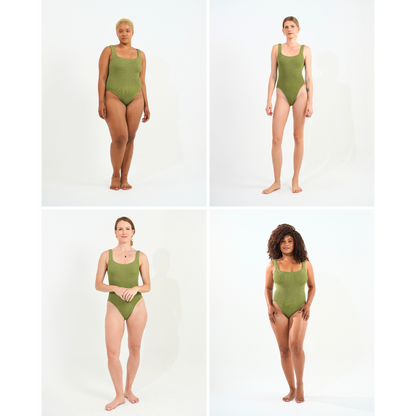 Four models of different body types wearing the one size crinkle swimsuit in golden sage