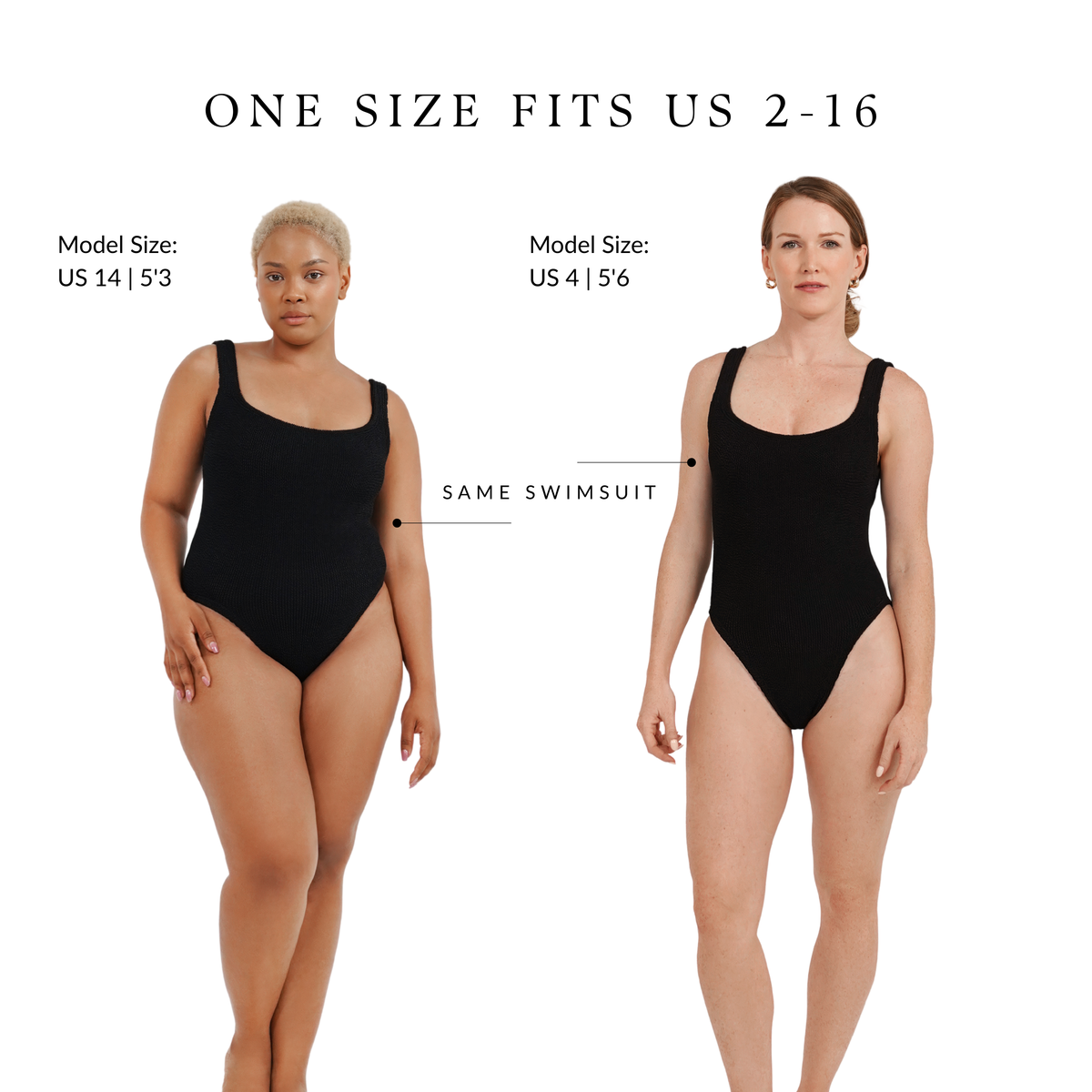 Two models of different sizes wearing the same crinkle swimsuit in midnight black
