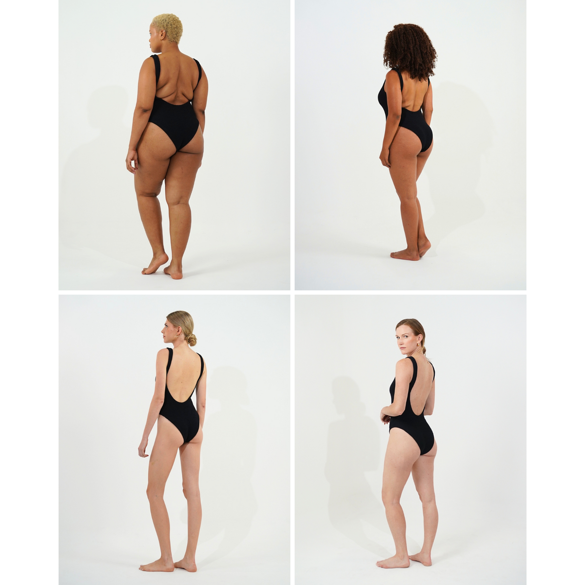 Back view of models of different sizes wearing the same crinkle swimsuit