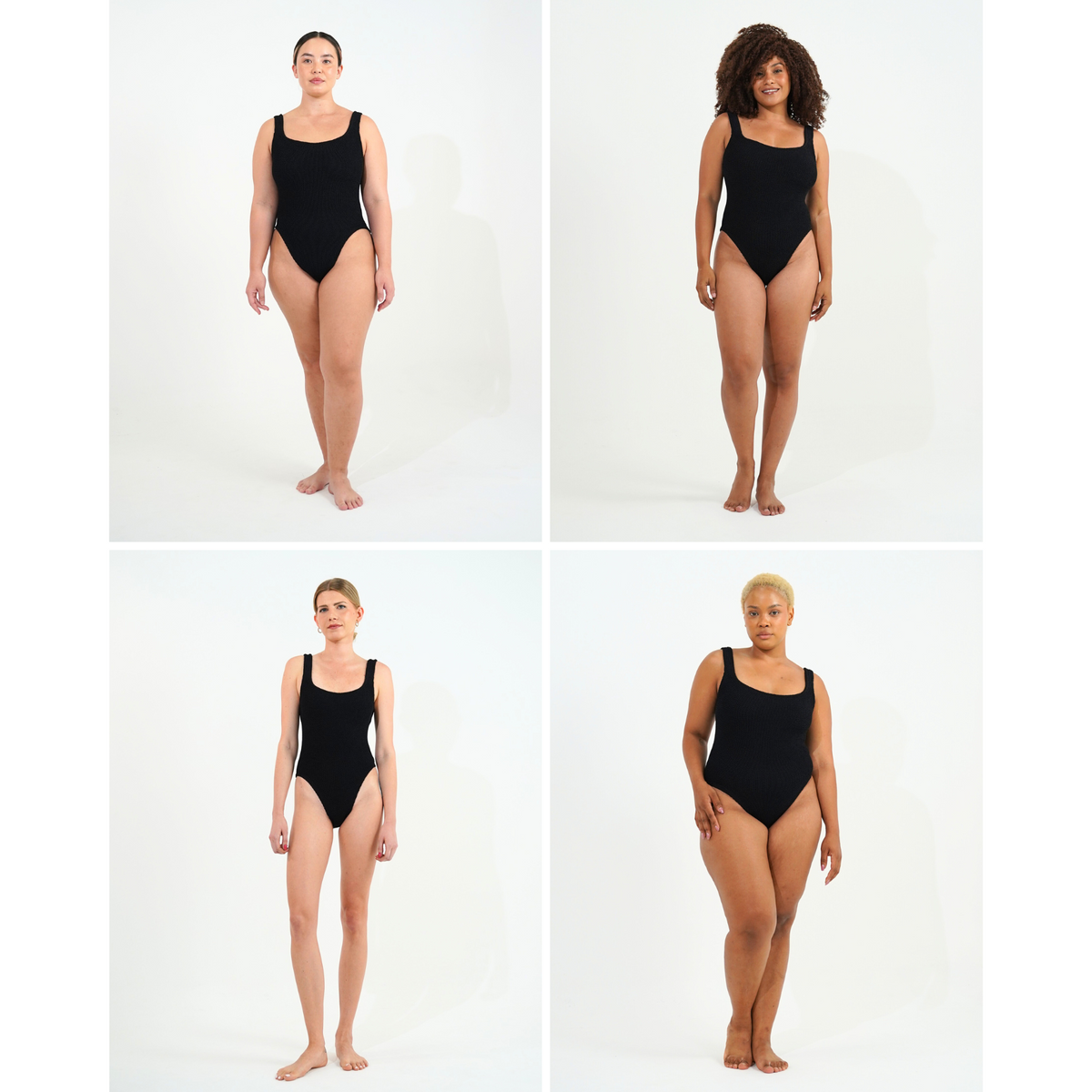 Models of different sizes wearing the same one size crinkle swimsuit in midnight black