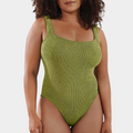 Front view of the one size crinkle swimsuit in golden sage