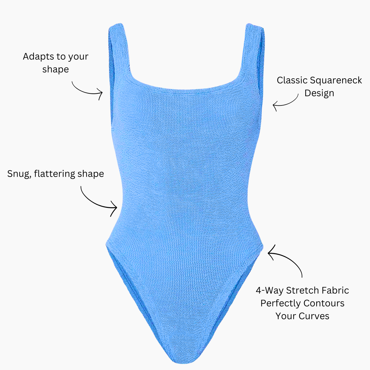 Cornflower blue crinkle swimsuit with callouts: adapts to your shape, classic squareneck design, snug fitting shape, four way stretch fabric