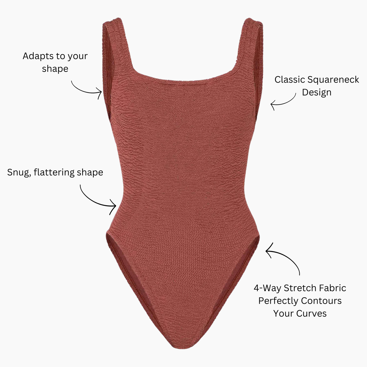 Metallic cinnamon crinkle swimsuit with callouts: adapts to your shape, classic squareneck design, snug fitting shape, four way stretch fabric
