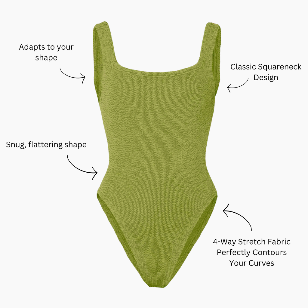 Golden sage crinkle swimsuit with callouts: adapts to your shape, classic squareneck design, snug fitting shape, four way stretch fabric