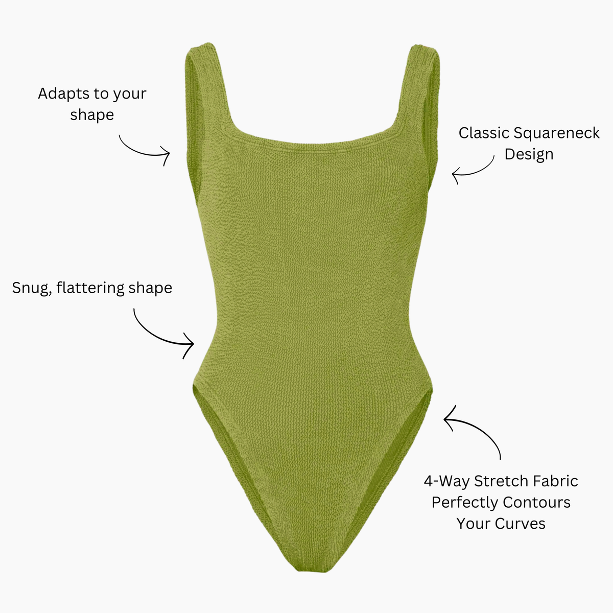 Golden sage crinkle swimsuit with callouts: adapts to your shape, classic squareneck design, snug fitting shape, four way stretch fabric