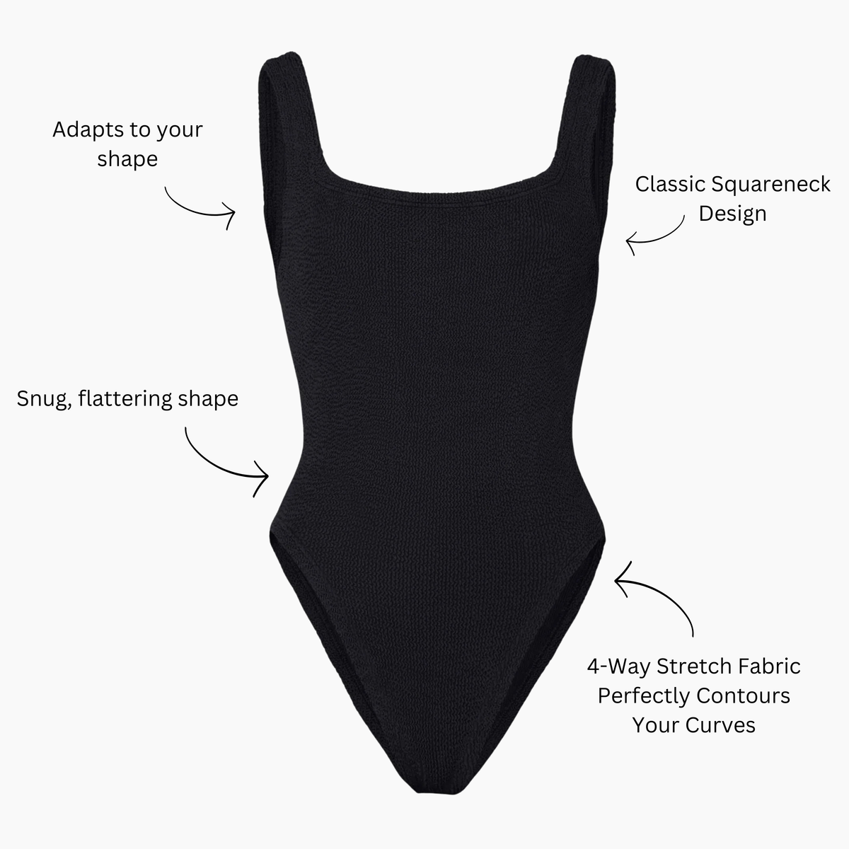 Midnight black crinkle swimsuit with callouts: adapts to your shape, classic squareneck design, snug fitting shape, four way stretch fabric
