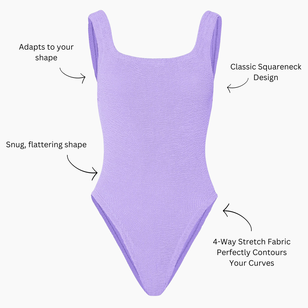 Lavender haze crinkle swimsuit feature callouts