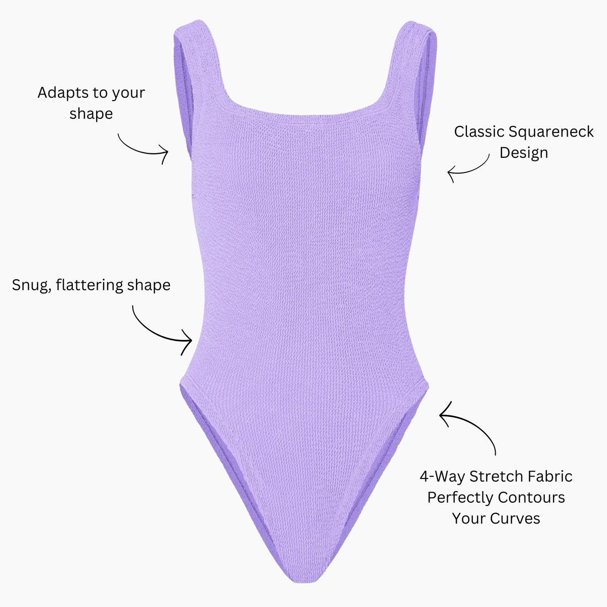 Lavender haze crinkle swimsuit feature callouts