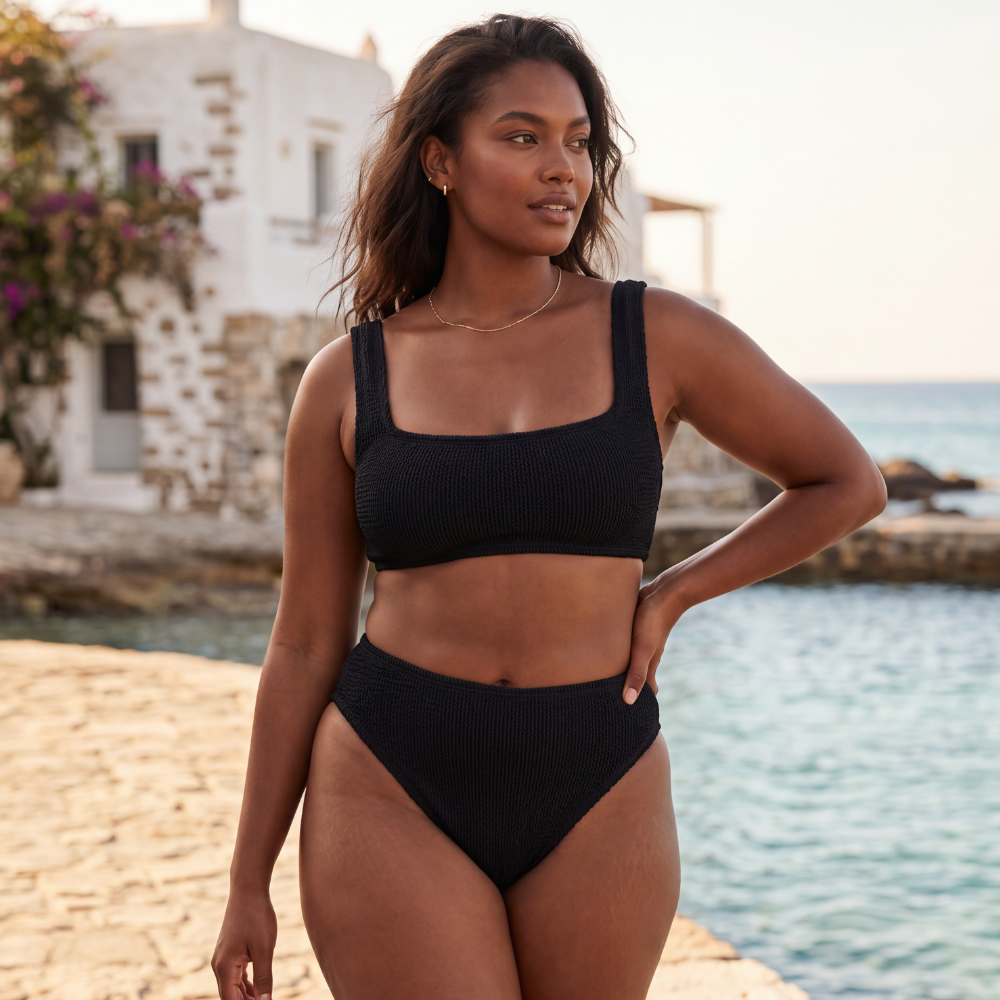 Curvy model wearing the Amalfi bikini with high waisted bottoms at the water's edge