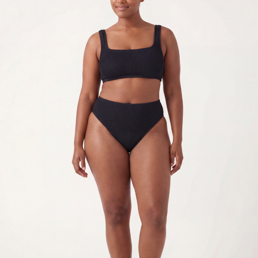 Front view of the Amalfi bikini with high waisted bottoms in midnight black
