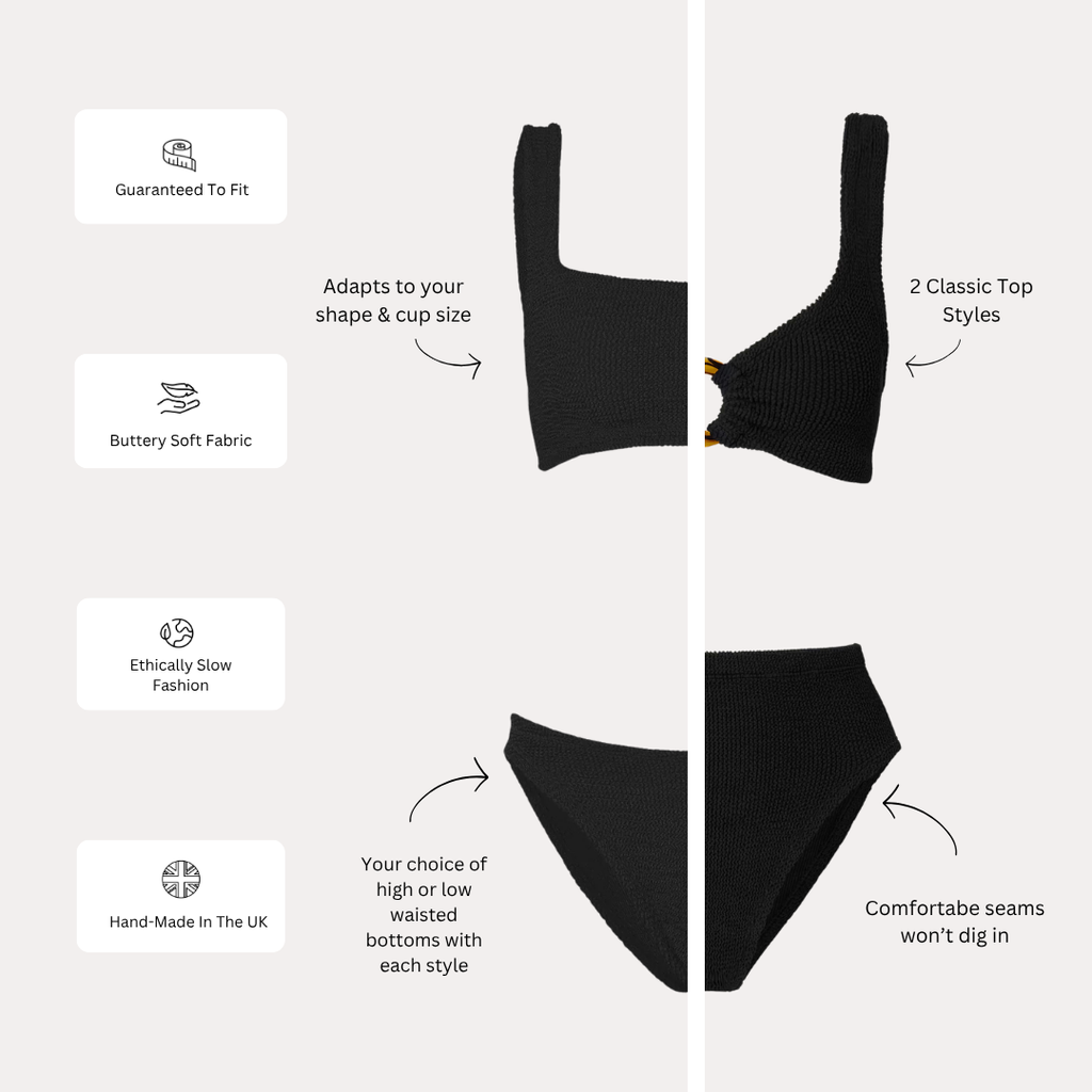 The two crinkle bikini styles with callouts: adapts to your shape and cup size, two classic top styles, high or low waisted bottoms, comfortable seams