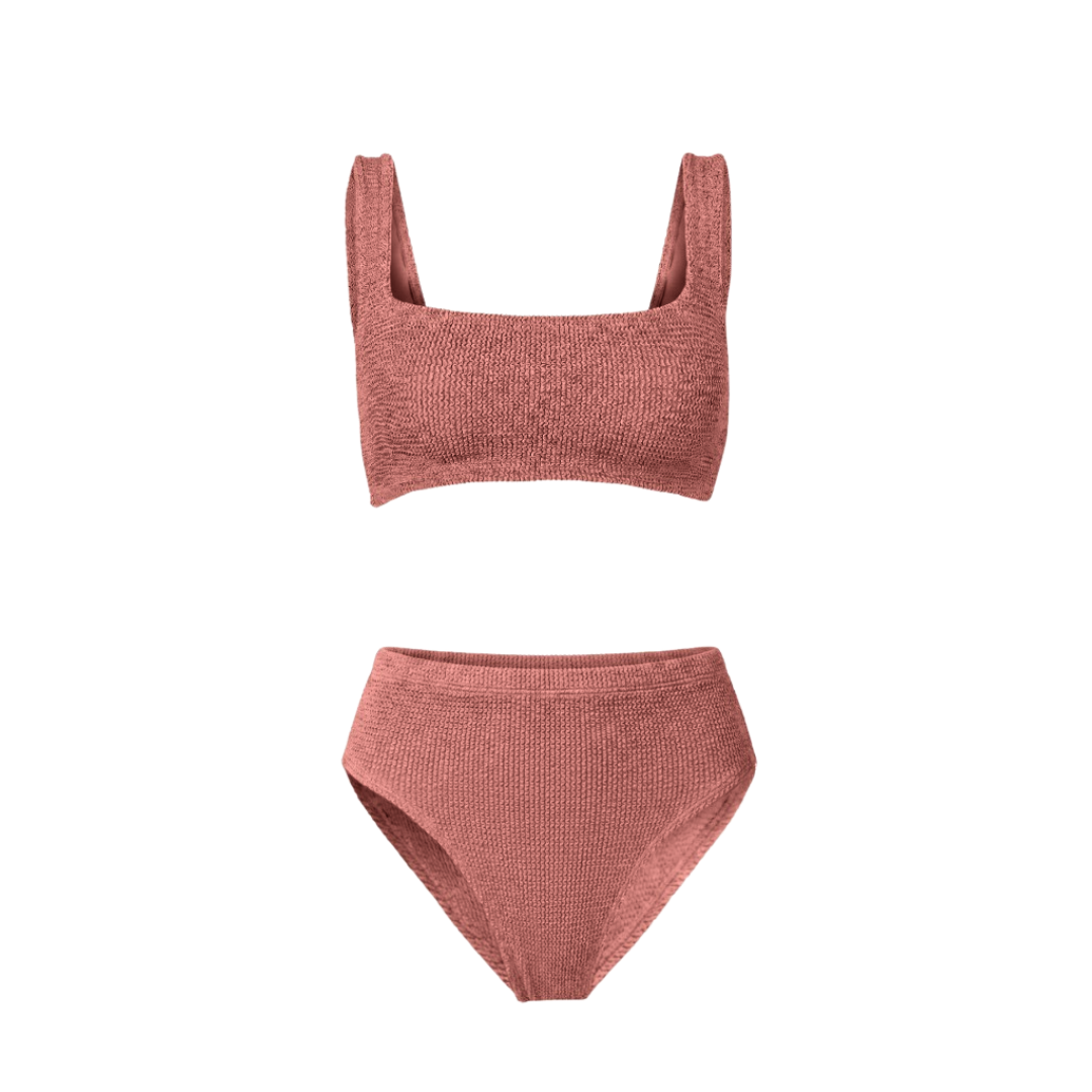Amalfi bikini with high waisted bottoms in metallic cinnamon