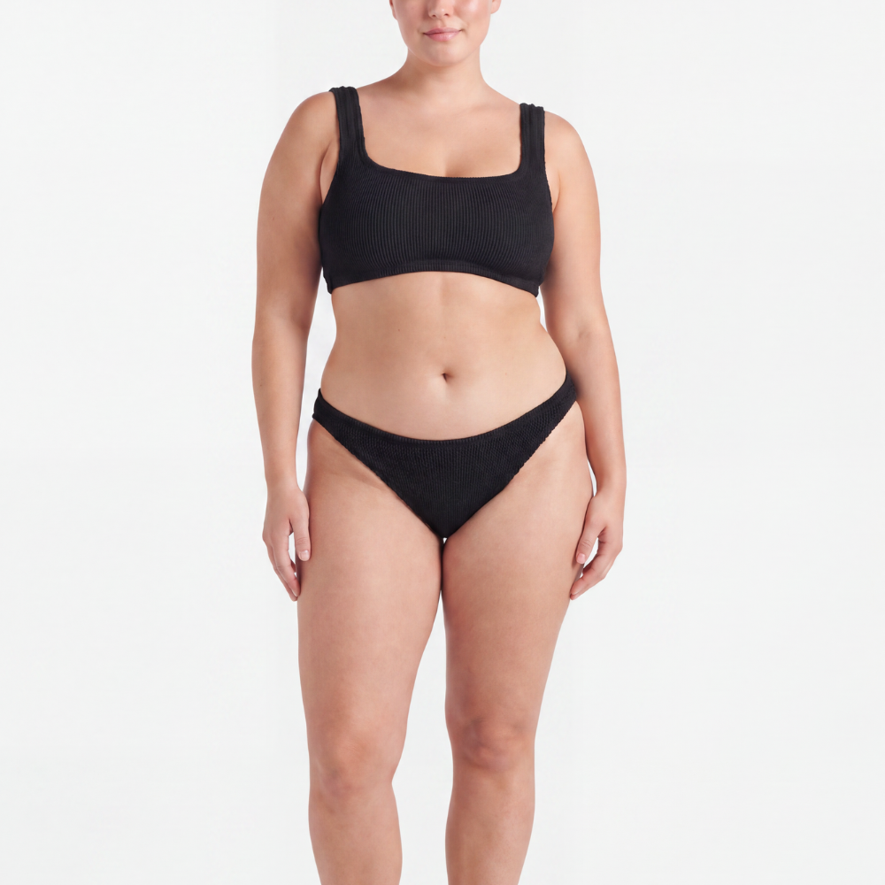 Front view of the Amalfi bikini with low waisted bottoms in midnight black
