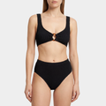 Front view of the Portofino bikini with tortoise shell hoop and high waisted bottoms in midnight black