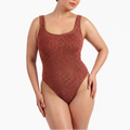 Front view of the one size crinkle swimsuit in metallic cinnamon