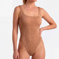 Front view of the one size crinkle swimsuit in metallic toffee