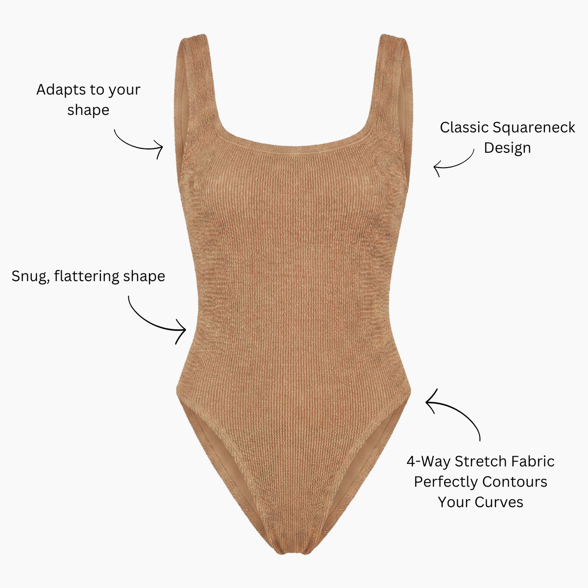 Metallic toffee crinkle swimsuit detail