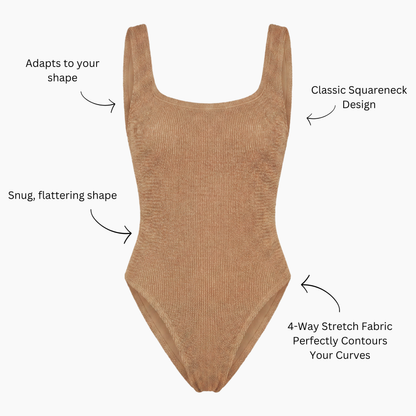 Metallic toffee crinkle swimsuit detail